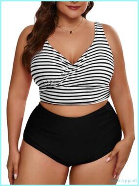 Plus Size High Waisted Bikini Sets V Neck Two Piece Swimsuits Color Block